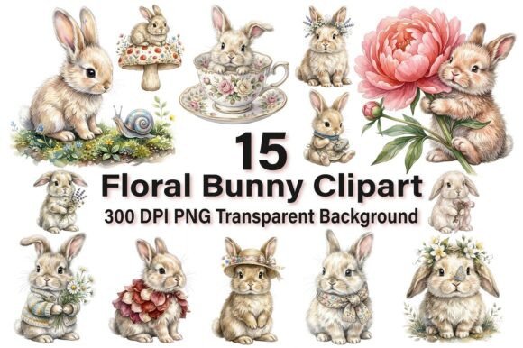 Download Cute Watercolor Floral Bunny Clipart - Premium Bundle